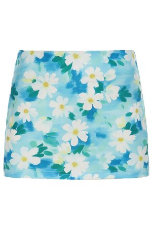 Small Daisy Floral Bodycon Skirt - Women's Fresh Oil Paint Blue Midi Skirt for Spring - Trendy Dopamine Fashion
