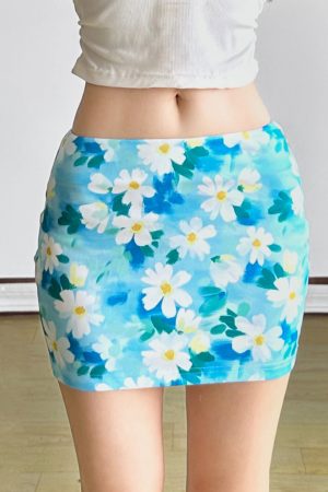 Small Daisy Floral Bodycon Skirt - Women's Fresh Oil Paint Blue Midi Skirt for Spring - Trendy Dopamine Fashion