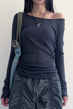 Smog Blue Lace-Up Backless Fitted Thin Knit Top for Women - One-Shoulder Long Sleeve Solid Color Shirt, Y2K Style