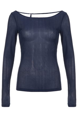 Smog Blue Lace-Up Backless Fitted Thin Knit Top for Women - One-Shoulder Long Sleeve Solid Color Shirt, Y2K Style