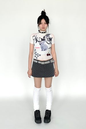 Soft Candy Rabbit Printed Short Sleeve T-Shirt - Elastic Pleated Design, Cute 90s Style Top for a Trendy Look