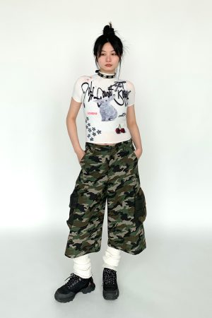 Soft Candy Rabbit Printed Short Sleeve T-Shirt - Elastic Pleated Design, Cute 90s Style Top for a Trendy Look