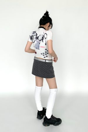 Soft Candy Rabbit Printed Short Sleeve T-Shirt - Elastic Pleated Design, Cute 90s Style Top for a Trendy Look