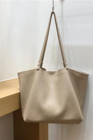 Soft Leather Single-Shoulder Tote Bag for Women - Versatile Minimalist Mother-Child Bag in Solid Color, Collapsible Design