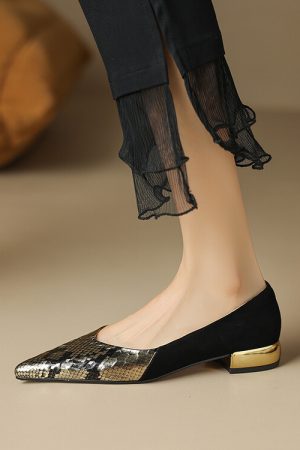 Soft-Soled Low-Heeled Pointed Flat Shoes for Women in Snake Print and Color Block Design - Chic French Fashion Footwear