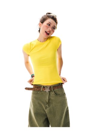 Solid Color Pink Cropped T-Shirt for Women - Short Sleeve, Slim Fit, Spicy Girl Style, Summer Essential