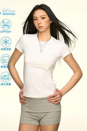 Solid Color Sorona Cool Feeling Short Sleeve T-Shirt for Women - Summer Minimalist Basic Fitted Slim Top