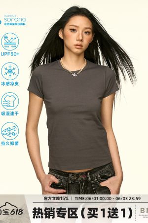 Solid Color Sorona Cool Feeling Short Sleeve T-Shirt for Women - Summer Minimalist Basic Fitted Slim Top