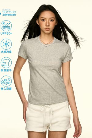 Solid Color Sorona Cool Feeling Short Sleeve T-Shirt for Women - Summer Minimalist Basic Fitted Slim Top