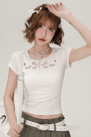 Spicy Girl Butterfly Knot Hollow Short-Sleeve T-Shirt for Women - Summer Lace Embroidery Slim Fit Top, Y2K Fashion