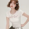 Spicy Girl Butterfly Knot Hollow Short-Sleeve T-Shirt for Women - Summer Lace Embroidery Slim Fit Top, Y2K Fashion