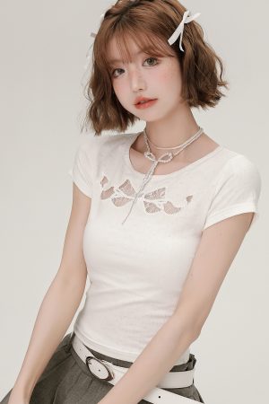 Spicy Girl Butterfly Knot Hollow Short-Sleeve T-Shirt for Women - Summer Lace Embroidery Slim Fit Top, Y2K Fashion