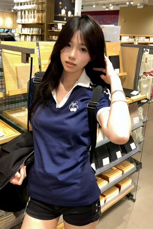 Spicy Girl College Style Polo Collar Short Sleeve T-Shirt with Cherry Embroidery - Slim Fit Color-Blocking Women's Summer Top