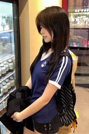 Spicy Girl College Style Polo Collar Short Sleeve T-Shirt with Cherry Embroidery - Slim Fit Color-Blocking Women's Summer Top