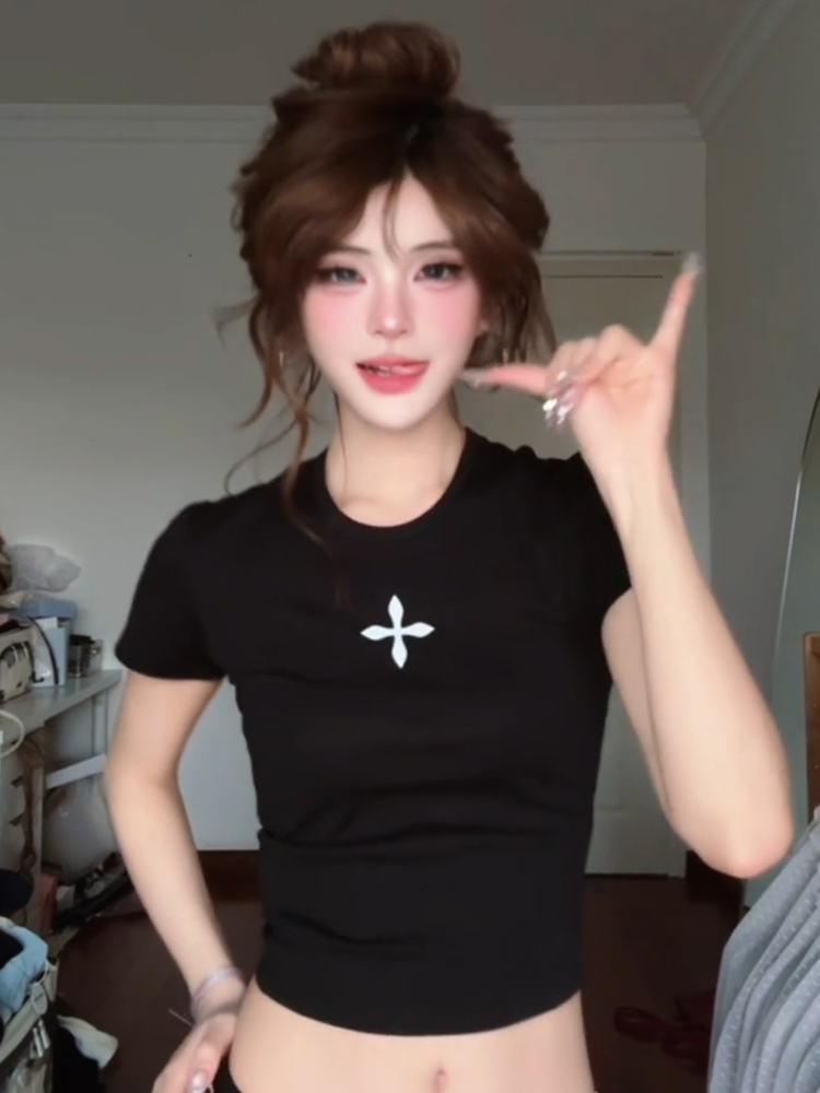 Spicy Girl Cross Print Shoulder T-Shirt for Women - Vintage Slim Fit Short Sleeve Top - Summer American Style Trend Spicy Girl Cross Print Shoulder T-Shirt for Women - Vintage Slim Fit Short Sleeve Top - Summer American Style Trend