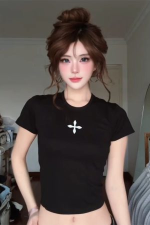 Spicy Girl Cross Print Shoulder T-Shirt for Women - Vintage Slim Fit Short Sleeve Top - Summer American Style Trend