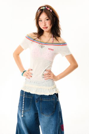 Spicy Girl Hem Spliced Lace Short Sleeve Off-Shoulder T-Shirt for Women - Summer Thin Breathable American Style