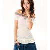 Spicy Girl Hem Spliced Lace Short Sleeve Off-Shoulder T-Shirt for Women - Summer Thin Breathable American Style
