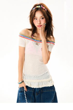 Spicy Girl Hem Spliced Lace Short Sleeve Off-Shoulder T-Shirt for Women - Summer Thin Breathable American Style