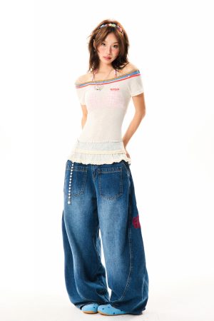 Spicy Girl Hem Spliced Lace Short Sleeve Off-Shoulder T-Shirt for Women - Summer Thin Breathable American Style