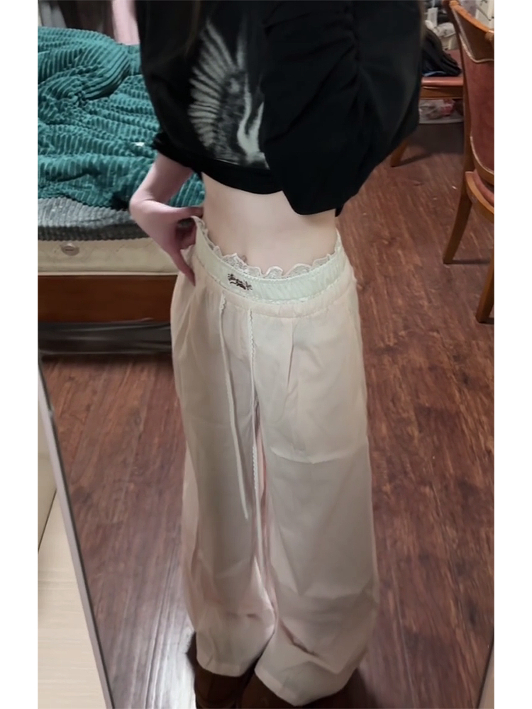 Spicy Girl Lace Patchwork Striped Cargo Pants for Women - Loose Straight Wide-Leg Hip-Hop Casual Sports Trousers Spicy Girl Lace Patchwork Striped Cargo Pants for Women - Loose Straight Wide-Leg Hip-Hop Casual Sports Trousers