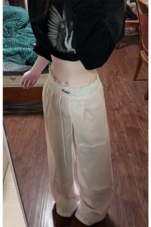 Spicy Girl Lace Patchwork Striped Cargo Pants for Women - Loose Straight Wide-Leg Hip-Hop Casual Sports Trousers