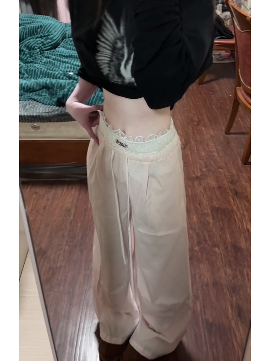 Spicy Girl Lace Patchwork Striped Cargo Pants for Women - Loose Straight Wide-Leg Hip-Hop Casual Sports Trousers Spicy Girl Lace Patchwork Striped Cargo Pants for Women - Loose Straight Wide-Leg Hip-Hop Casual Sports Trousers