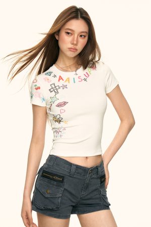 Spicy Girl Letter Graffiti Printed Short Sleeve T-Shirt for Women - American Style, Summer Casual Top, Niche Fashion