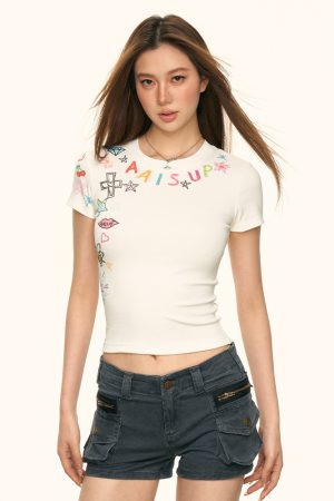 Spicy Girl Letter Graffiti Printed Short Sleeve T-Shirt for Women - American Style, Summer Casual Top, Niche Fashion