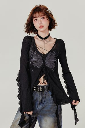 Spicy Girl Long Sleeve T-Shirt with Ruffled Edge - Women's Autumn Knit Cardigan Jacket in American Style, Casual Chic Fashion