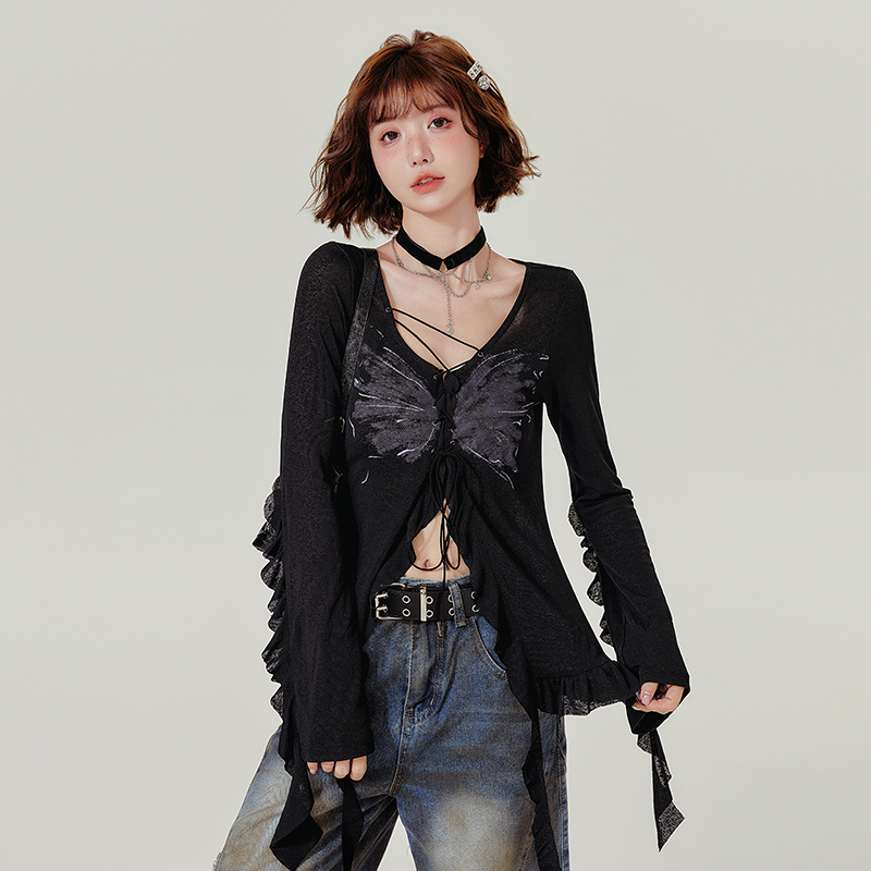 Spicy Girl Long Sleeve T-Shirt with Ruffled Edge - Women's Autumn Knit Cardigan Jacket in American Style, Casual Chic Fashion Spicy Girl Long Sleeve T-Shirt with Ruffled Edge - Women's Autumn Knit Cardigan Jacket in American Style, Casual Chic Fashion