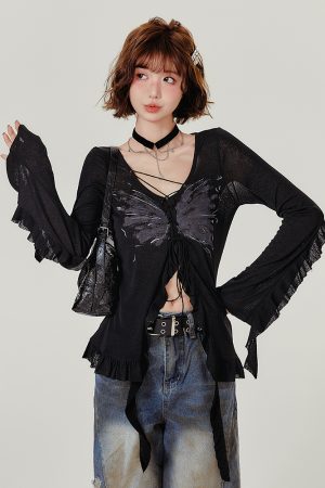 Spicy Girl Long Sleeve T-Shirt with Ruffled Edge - Women's Autumn Knit Cardigan Jacket in American Style, Casual Chic Fashion