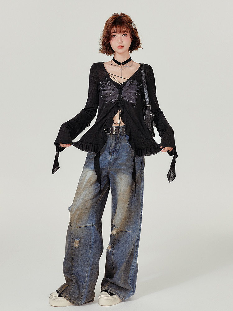 Spicy Girl Long Sleeve T-Shirt with Ruffled Edge - Women's Autumn Knit Cardigan Jacket in American Style, Casual Chic Fashion Spicy Girl Long Sleeve T-Shirt with Ruffled Edge - Women's Autumn Knit Cardigan Jacket in American Style, Casual Chic Fashion