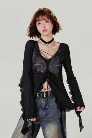 Spicy Girl Long Sleeve T-Shirt with Ruffled Edge - Women's Autumn Knit Cardigan Jacket in American Style, Casual Chic Fashion