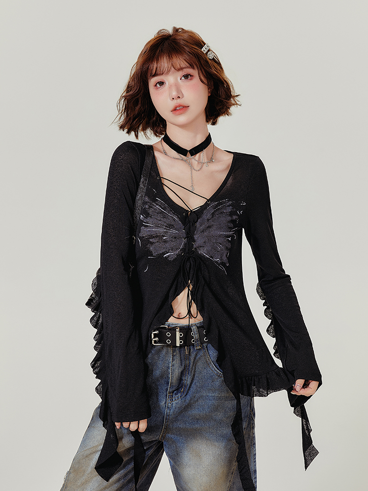 Spicy Girl Long Sleeve T-Shirt with Ruffled Edge - Women's Autumn Knit Cardigan Jacket in American Style, Casual Chic Fashion Spicy Girl Long Sleeve T-Shirt with Ruffled Edge - Women's Autumn Knit Cardigan Jacket in American Style, Casual Chic Fashion