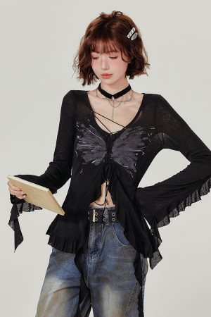 Spicy Girl Long Sleeve T-Shirt with Ruffled Edge - Women's Autumn Knit Cardigan Jacket in American Style, Casual Chic Fashion