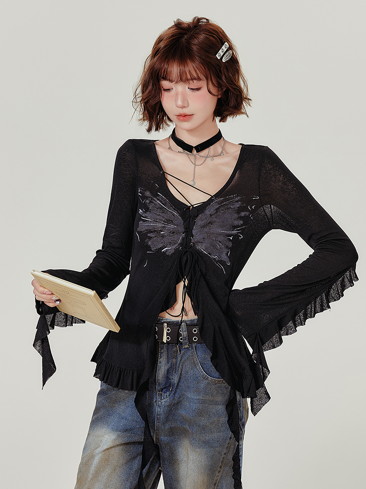 Spicy Girl Long Sleeve T-Shirt with Ruffled Edge - Women's Autumn Knit Cardigan Jacket in American Style, Casual Chic Fashion Spicy Girl Long Sleeve T-Shirt with Ruffled Edge - Women's Autumn Knit Cardigan Jacket in American Style, Casual Chic Fashion