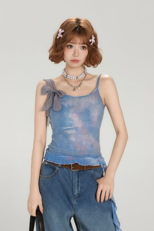 Spicy Girl Mesh Camisole for Women - American Style Summer Tie-Up Bow Fitted Top