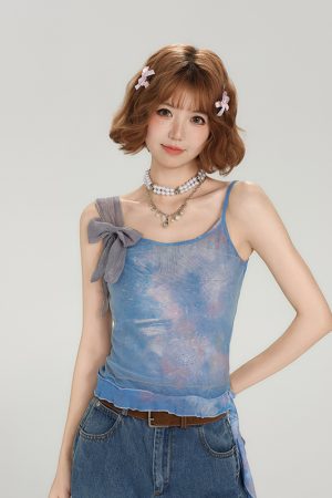 Spicy Girl Mesh Camisole for Women - American Style Summer Tie-Up Bow Fitted Top