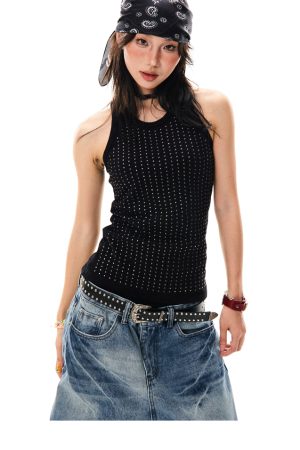 Spicy Girl Rhinestone Black Camisole - Slim Fit Summer Top for Women - American Style Fashion, Y2K Inspired