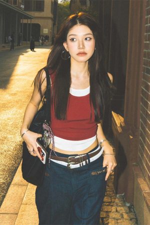 Spicy Girl Sleeveless Color-Blocking Tank Top - Summer Red Faux Two-Piece Slim Fit T-Shirt for American Style Fashion