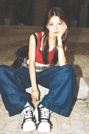 Spicy Girl Sleeveless Color-Blocking Tank Top - Summer Red Faux Two-Piece Slim Fit T-Shirt for American Style Fashion