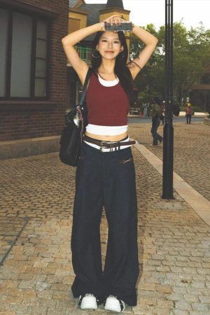 Spicy Girl Sleeveless Color-Blocking Tank Top - Summer Red Faux Two-Piece Slim Fit T-Shirt for American Style Fashion