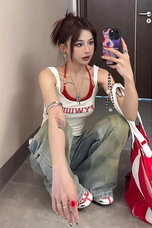 Spicy Girl Sleeveless Summer Tank Top - Color-Blocking, Waist-Cinching, Slim Fit, American Style, Y2K Inspired