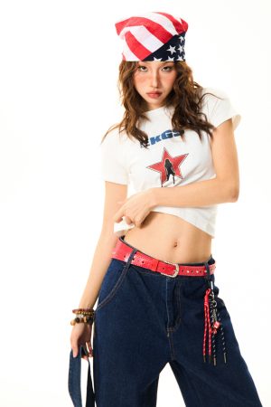 Spicy Girl Star Print Short Sleeve T-Shirt for Women - Slim Fit Summer Top in American Style, Perfect for Y2K and Casual Looks