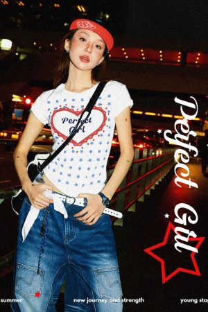 Spicy Girl Star Print Short Sleeve T-Shirt for Women - Summer Slim Fit Versatile Top, American Style, 90s Inspired Fashion
