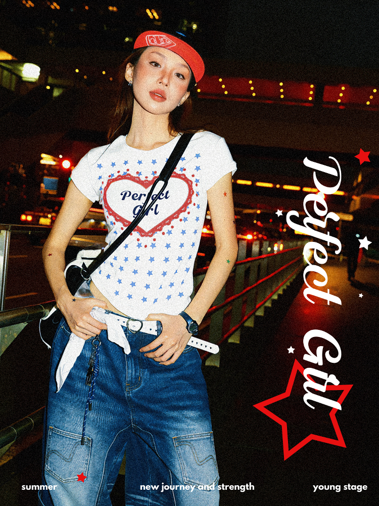 Spicy Girl Star Print Short Sleeve T-Shirt for Women - Summer Slim Fit Versatile Top, American Style, 90s Inspired Fashion Spicy Girl Star Print Short Sleeve T-Shirt for Women - Summer Slim Fit Versatile Top, American Style, 90s Inspired Fashion