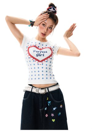 Spicy Girl Star Print Short Sleeve T-Shirt for Women - Summer Slim Fit Versatile Top, American Style, 90s Inspired Fashion