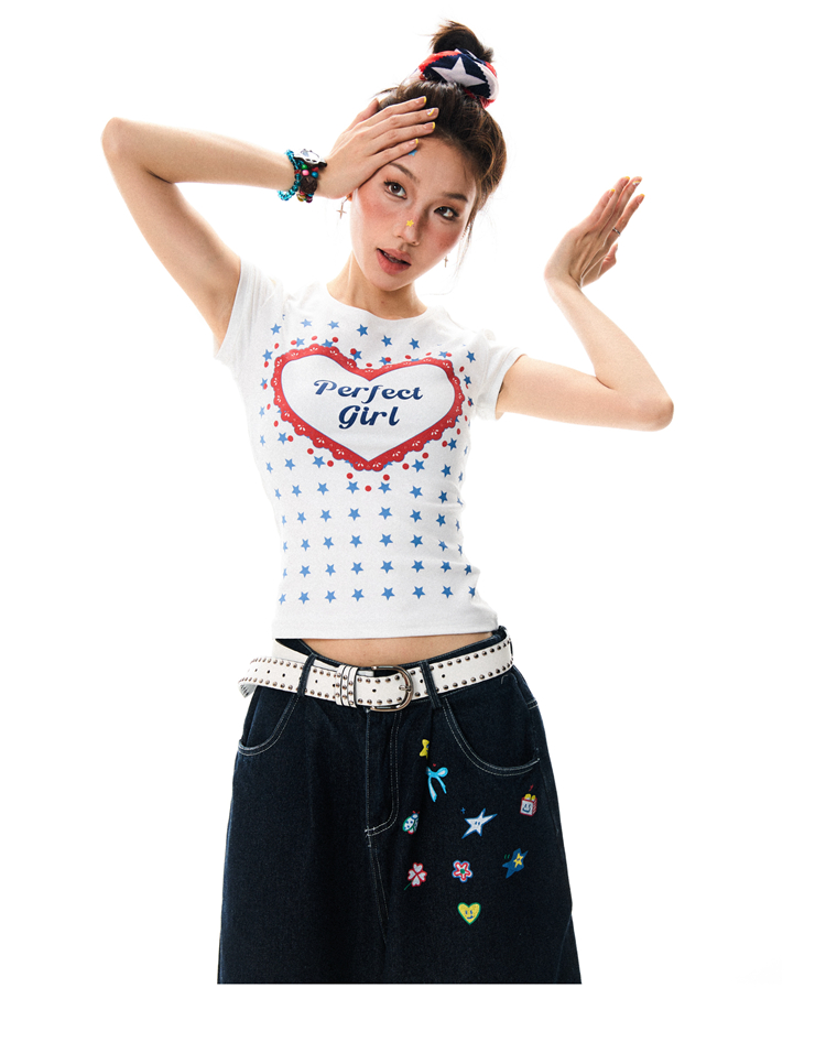 Spicy Girl Star Print Short Sleeve T-Shirt for Women - Summer Slim Fit Versatile Top, American Style, 90s Inspired Fashion Spicy Girl Star Print Short Sleeve T-Shirt for Women - Summer Slim Fit Versatile Top, American Style, 90s Inspired Fashion
