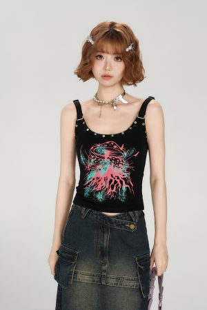 Spicy Girl Tank Top for Women - American Style Sleeveless Summer Top with Fitted Design and Studded Details